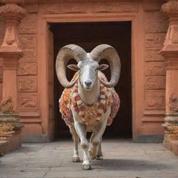 A majestic ram exiting the elaborately decorated Ram Mandir in Ayodhya, with the intricate architecture of the temple providing a grand backdrop.