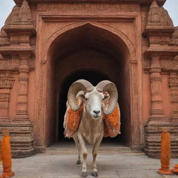 A majestic ram exiting the elaborately decorated Ram Mandir in Ayodhya, with the intricate architecture of the temple providing a grand backdrop.