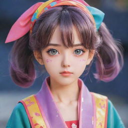 A traditionally styled anime girl with colorful clothing and sparkling, expressive eyes