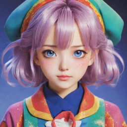 A traditionally styled anime girl with colorful clothing and sparkling, expressive eyes