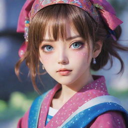 A traditionally styled anime girl with colorful clothing and sparkling, expressive eyes