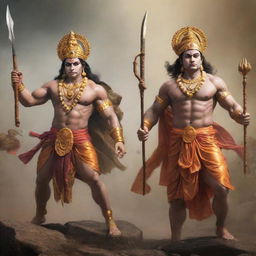 Lord Rama and Lord Hanuman fearlessly standing back to back, engaged in a fierce battle, expertly wielding their weapons and attacking their foes with unswerving determination, unity, and courage in a war scenario.