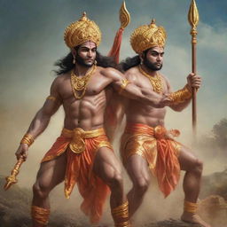 Lord Rama and Lord Hanuman fearlessly standing back to back, engaged in a fierce battle, expertly wielding their weapons and attacking their foes with unswerving determination, unity, and courage in a war scenario.