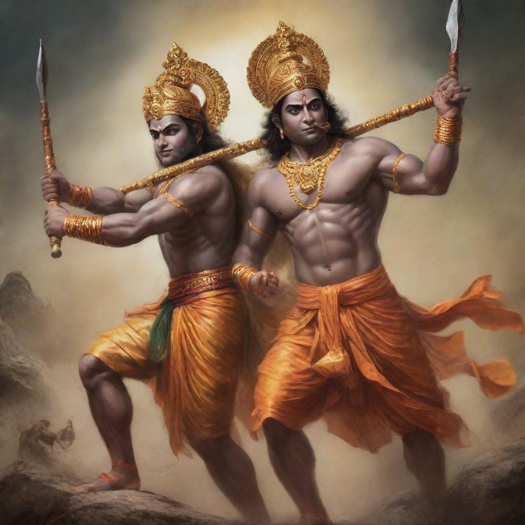 Lord Rama and Lord Hanuman fearlessly standing back to back, engaged in a fierce battle, expertly wielding their weapons and attacking their foes with unswerving determination, unity, and courage in a war scenario.