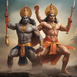 Lord Rama and Lord Hanuman fearlessly standing back to back, engaged in a fierce battle, expertly wielding their weapons and attacking their foes with unswerving determination, unity, and courage in a war scenario.