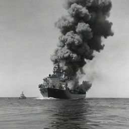 A realistic grayscale image showing a ship explosion at sea, with rising plumes of smoke, floating debris and the reflection of the incident mirrored on the water surface