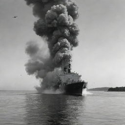 A realistic grayscale image showing a ship explosion at sea, with rising plumes of smoke, floating debris and the reflection of the incident mirrored on the water surface