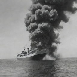 A realistic grayscale image showing a ship explosion at sea, with rising plumes of smoke, floating debris and the reflection of the incident mirrored on the water surface