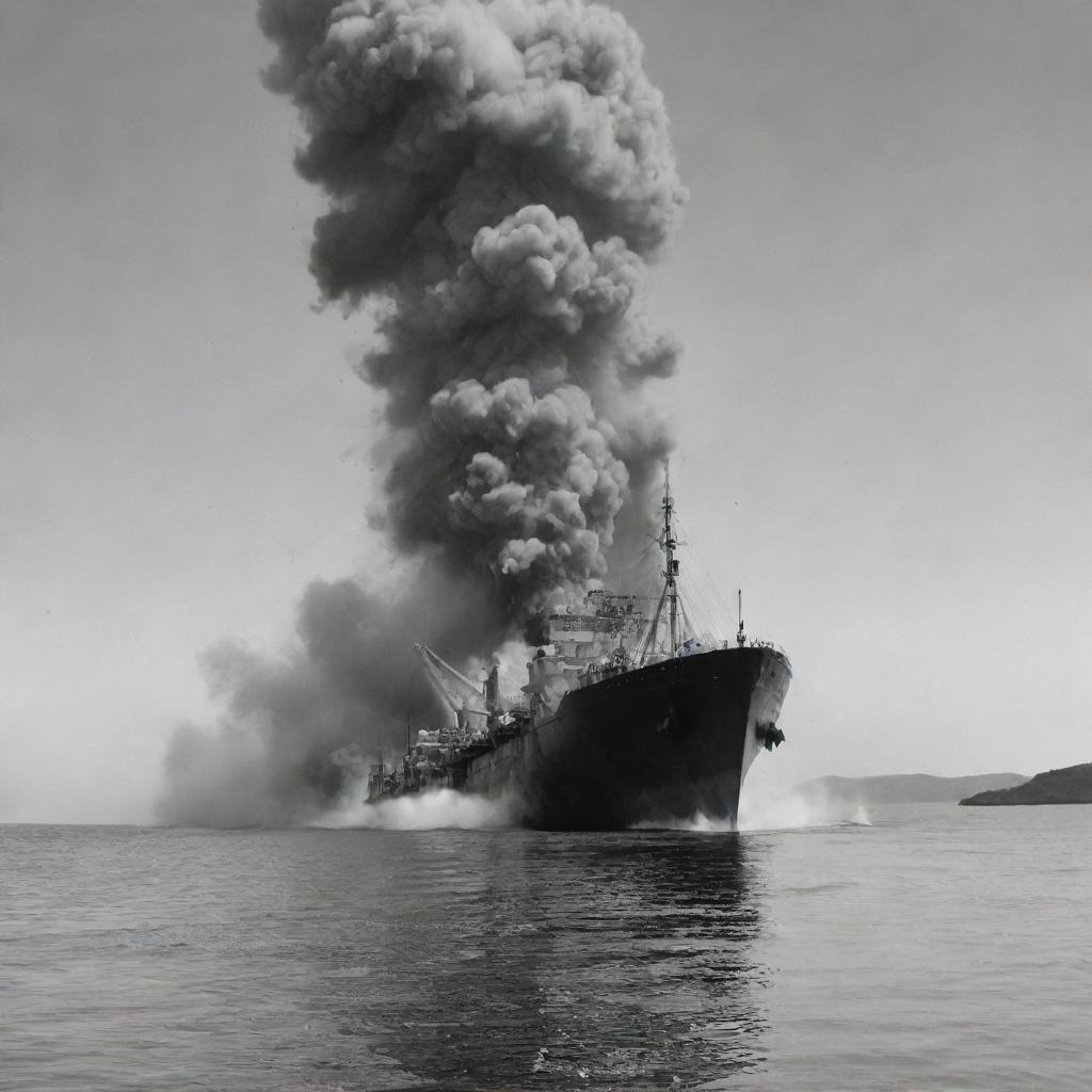 A realistic grayscale image showing a ship explosion at sea, with rising plumes of smoke, floating debris and the reflection of the incident mirrored on the water surface