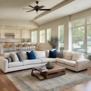 The open floor plan in the living room creates an outgoing and inviting space.