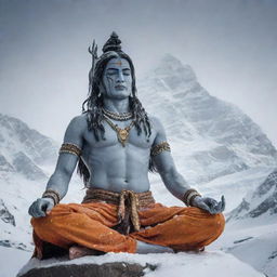 Lord Shiva, the Hindu deity sitting in meditation on top of Mount Kailash, draped in tiger skin with a serene expression, surrounded by snowfall. Trishul and Damru are present.