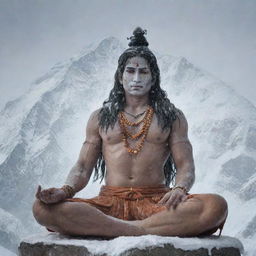 Lord Shiva, the Hindu deity sitting in meditation on top of Mount Kailash, draped in tiger skin with a serene expression, surrounded by snowfall. Trishul and Damru are present.