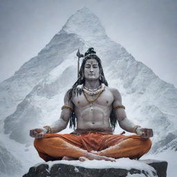 Lord Shiva, the Hindu deity sitting in meditation on top of Mount Kailash, draped in tiger skin with a serene expression, surrounded by snowfall. Trishul and Damru are present.