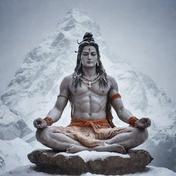 Lord Shiva, the Hindu deity sitting in meditation on top of Mount Kailash, draped in tiger skin with a serene expression, surrounded by snowfall. Trishul and Damru are present.