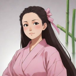 Illustration of the anime character Nezuko Kamado from Demon Slayer, showcasing her pink robe and bamboo mouthpiece.