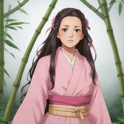 Illustration of the anime character Nezuko Kamado from Demon Slayer, showcasing her pink robe and bamboo mouthpiece.