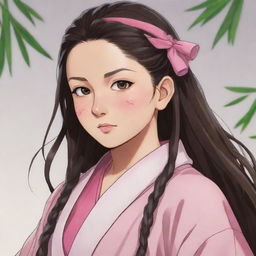 Illustration of the anime character Nezuko Kamado from Demon Slayer, showcasing her pink robe and bamboo mouthpiece.