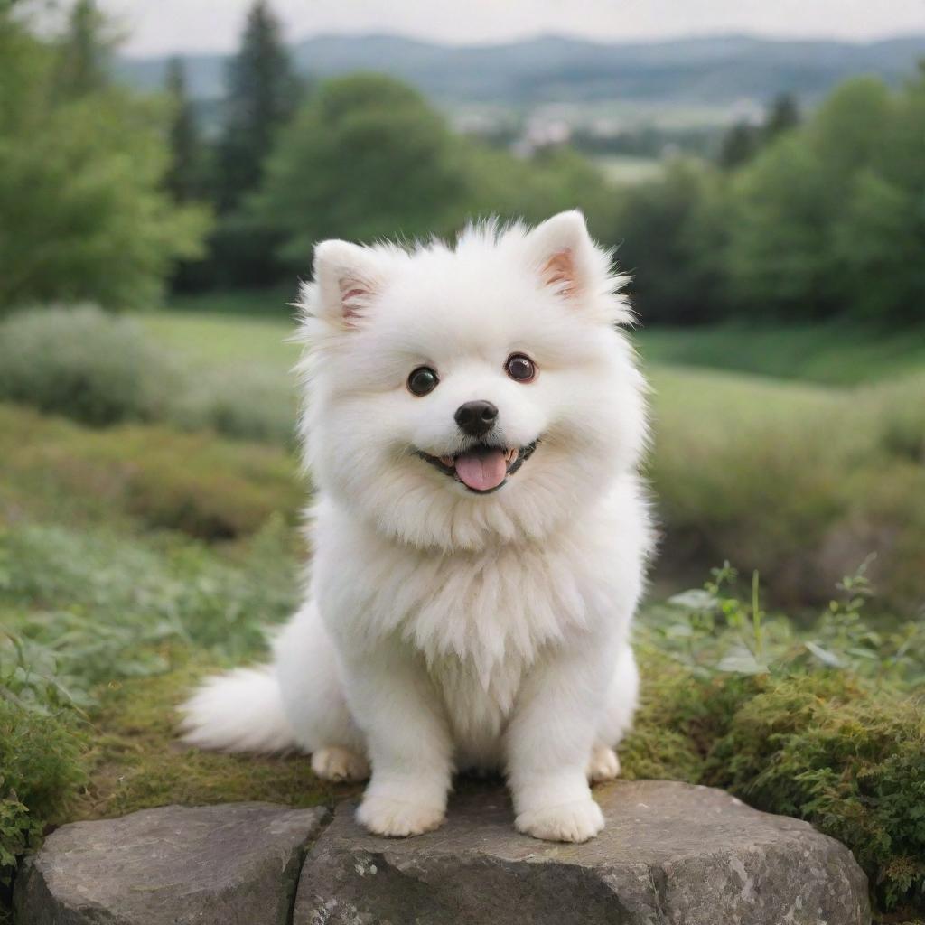 A charming Studio Ghibli style dog, with expressive eyes and fluffy fur, sitting in a lush, whimsical landscape.