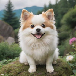 A charming Studio Ghibli style dog, with expressive eyes and fluffy fur, sitting in a lush, whimsical landscape.