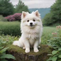 A charming Studio Ghibli style dog, with expressive eyes and fluffy fur, sitting in a lush, whimsical landscape.