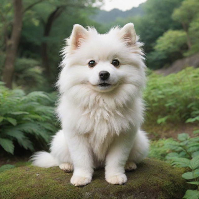 A charming Studio Ghibli style dog, with expressive eyes and fluffy fur, sitting in a lush, whimsical landscape.