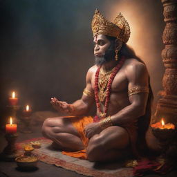 A spiritually pious scene featuring Hanuman, the Hindu deity, in deep prayer before Lord Rama. The atmosphere is serene and divine, with an ethereal glow illuminating them.