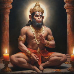 A spiritually pious scene featuring Hanuman, the Hindu deity, in deep prayer before Lord Rama. The atmosphere is serene and divine, with an ethereal glow illuminating them.