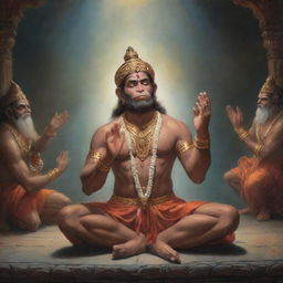 A spiritually pious scene featuring Hanuman, the Hindu deity, in deep prayer before Lord Rama. The atmosphere is serene and divine, with an ethereal glow illuminating them.