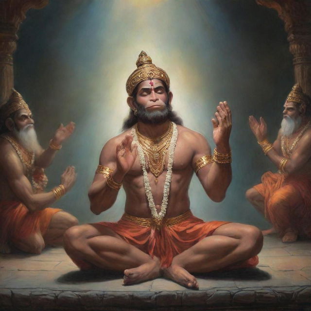 A spiritually pious scene featuring Hanuman, the Hindu deity, in deep prayer before Lord Rama. The atmosphere is serene and divine, with an ethereal glow illuminating them.