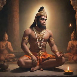 A spiritually pious scene featuring Hanuman, the Hindu deity, in deep prayer before Lord Rama. The atmosphere is serene and divine, with an ethereal glow illuminating them.