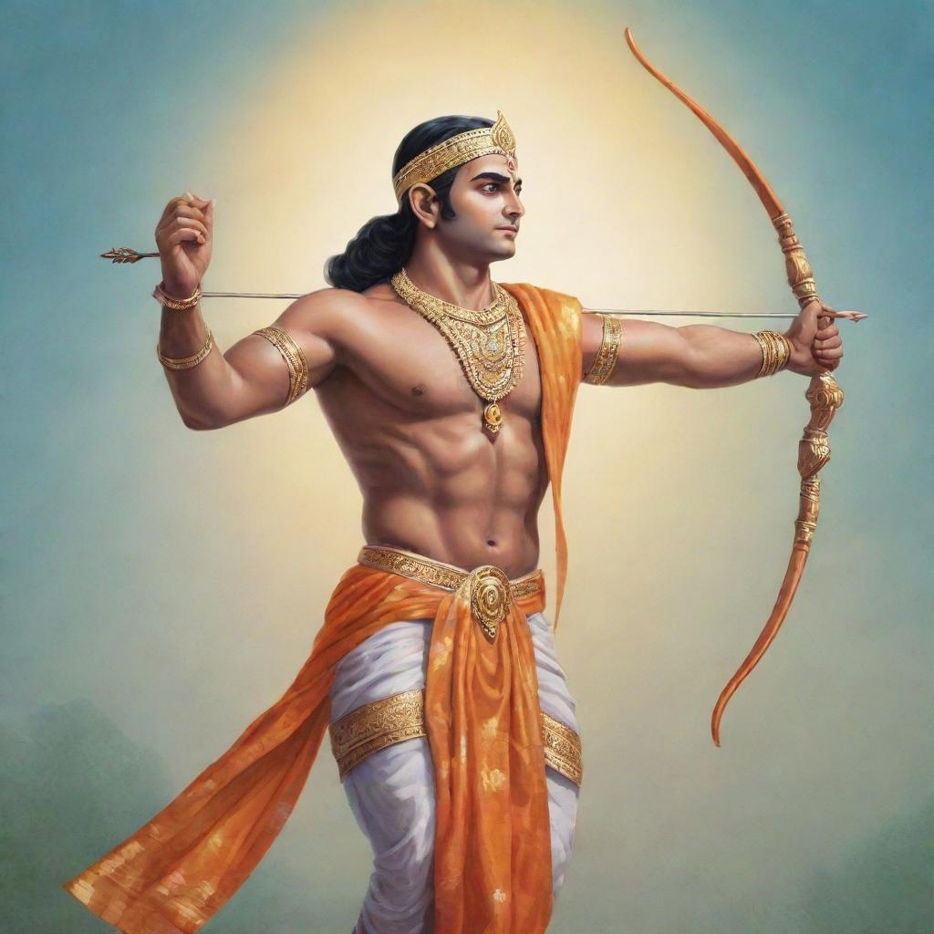 A beautiful illustration of Lord Ram, showcasing divine radiance, adorned in traditional attire, holding a bow and arrow, set against a peaceful and serene backdrop.