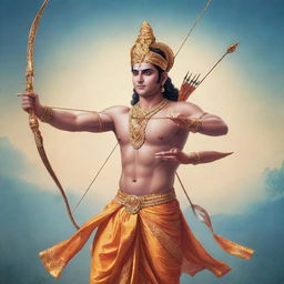 A beautiful illustration of Lord Ram, showcasing divine radiance, adorned in traditional attire, holding a bow and arrow, set against a peaceful and serene backdrop.