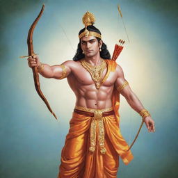 A beautiful illustration of Lord Ram, showcasing divine radiance, adorned in traditional attire, holding a bow and arrow, set against a peaceful and serene backdrop.