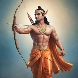 A beautiful illustration of Lord Ram, showcasing divine radiance, adorned in traditional attire, holding a bow and arrow, set against a peaceful and serene backdrop.