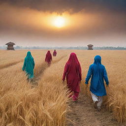 Extraterrestrial creatures exploring the rural landscapes of Punjab, India, wandering around golden wheat fields, traditional Punjabi houses, and interacting with vibrant Punjabi culture and people, under an ethereal sky.