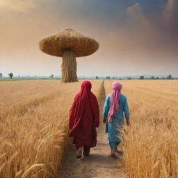 Extraterrestrial creatures exploring the rural landscapes of Punjab, India, wandering around golden wheat fields, traditional Punjabi houses, and interacting with vibrant Punjabi culture and people, under an ethereal sky.