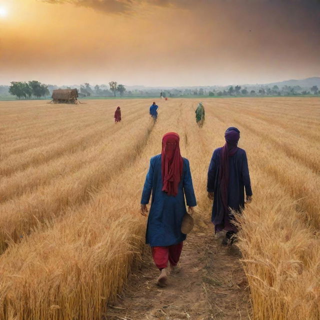 Extraterrestrial creatures exploring the rural landscapes of Punjab, India, wandering around golden wheat fields, traditional Punjabi houses, and interacting with vibrant Punjabi culture and people, under an ethereal sky.