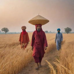 Extraterrestrial creatures exploring the rural landscapes of Punjab, India, wandering around golden wheat fields, traditional Punjabi houses, and interacting with vibrant Punjabi culture and people, under an ethereal sky.