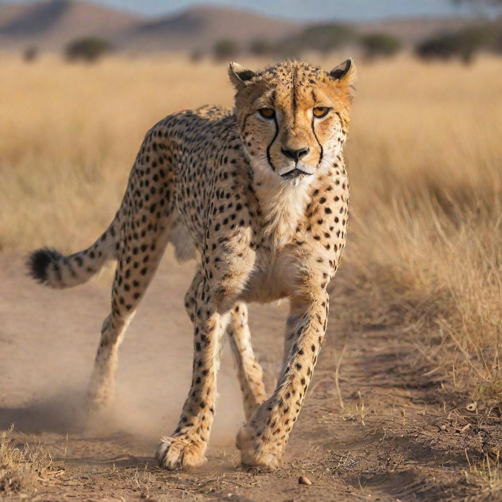 A majestic cheetah in mid-gallop with its muscular body and distinctive spotted pelage highlighted by the golden rays of the African savannah's sun.