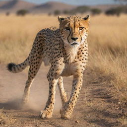 A majestic cheetah in mid-gallop with its muscular body and distinctive spotted pelage highlighted by the golden rays of the African savannah's sun.