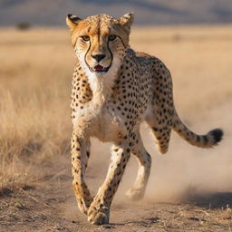 A majestic cheetah in mid-gallop with its muscular body and distinctive spotted pelage highlighted by the golden rays of the African savannah's sun.