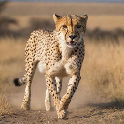 A majestic cheetah in mid-gallop with its muscular body and distinctive spotted pelage highlighted by the golden rays of the African savannah's sun.