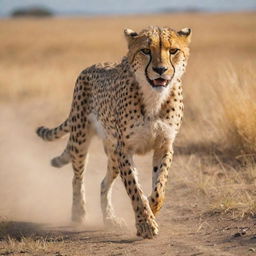 A majestic cheetah in mid-gallop with its muscular body and distinctive spotted pelage highlighted by the golden rays of the African savannah's sun.