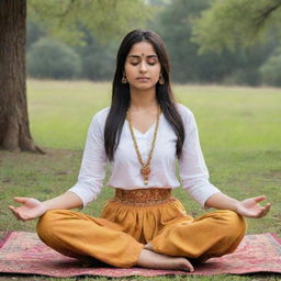 A girl in traditional Punjabi attire peacefully meditating in a serene, natural environment.