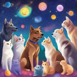 This is a high-quality digital art image titled 'Pet Stargazers: A Celestial Gathering'