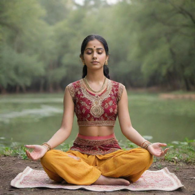 A girl in traditional Punjabi attire peacefully meditating in a serene, natural environment.