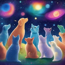 This is a high-quality digital art image titled 'Pet Stargazers: A Celestial Gathering'