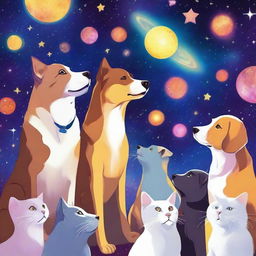 This is a high-quality digital art image titled 'Pet Stargazers: A Celestial Gathering'