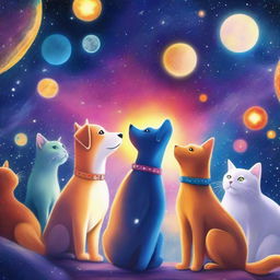 This is a high-quality digital art image titled 'Pet Stargazers: A Celestial Gathering'