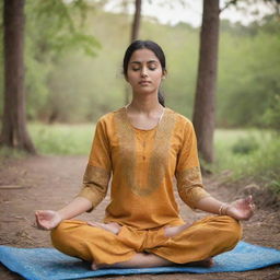 A girl in traditional Punjabi attire peacefully meditating in a serene, natural environment.